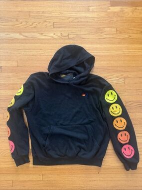 Aviator Nation Black Hoodie with Rainbow Smiley Sleeve Prints